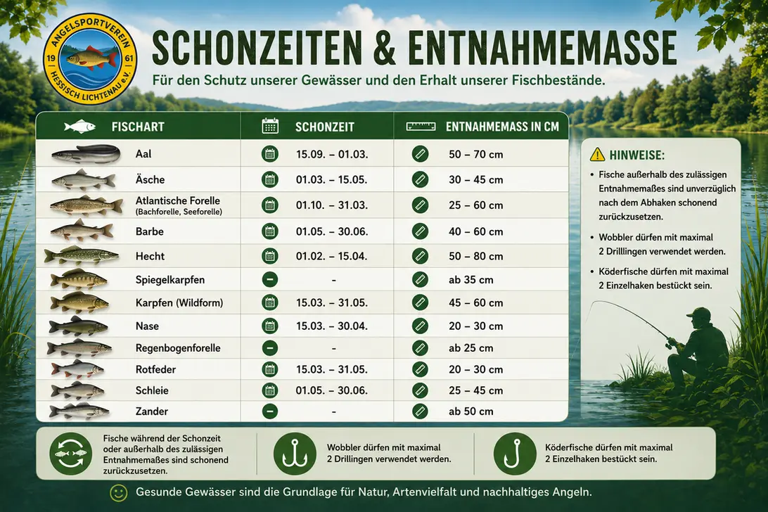 Schonzeiten und Entnahmemaße des ASV Hessisch Lichtenau